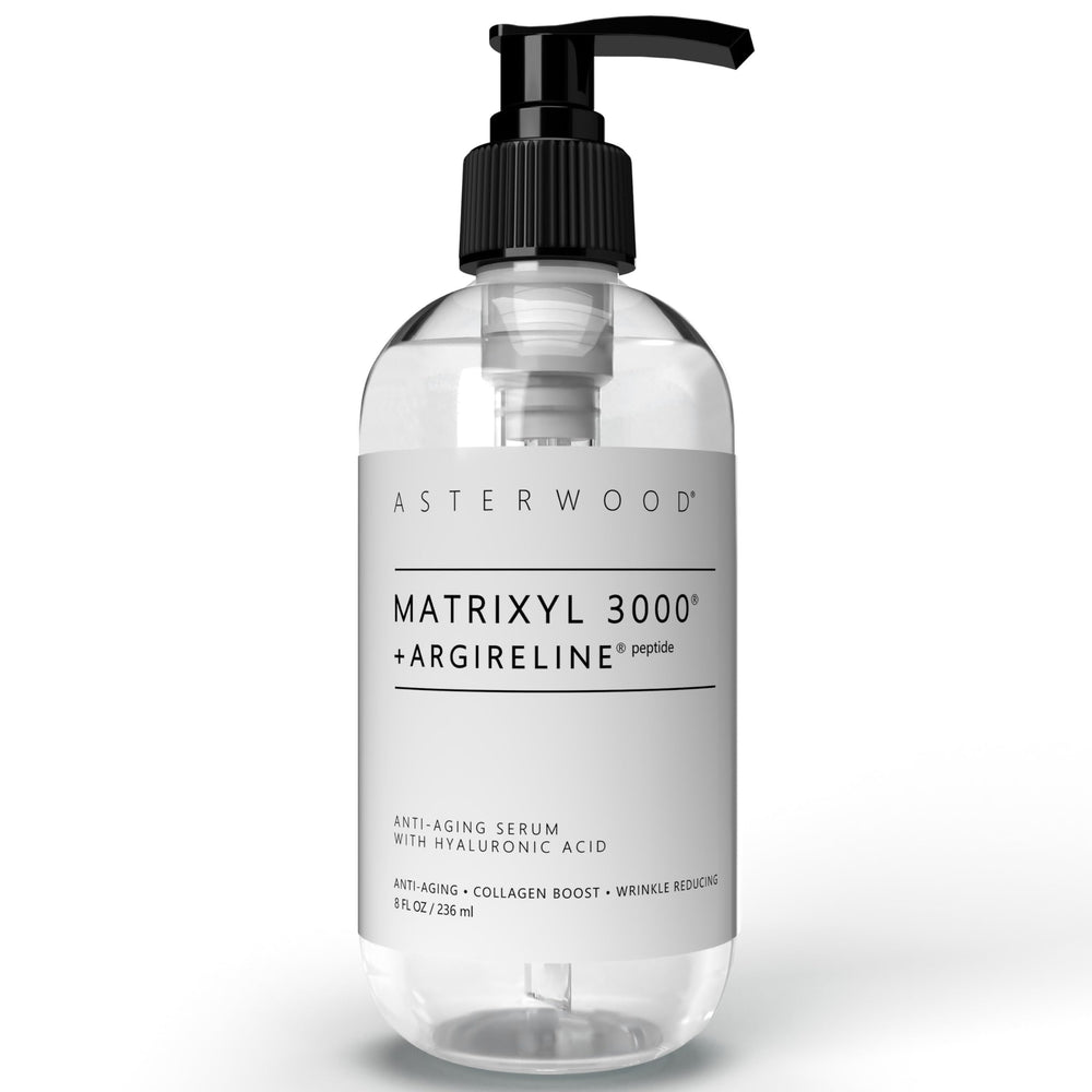 Asterwood Matrixyl serum bottle closeup shows fragrance-free packaging for sensitive skin.