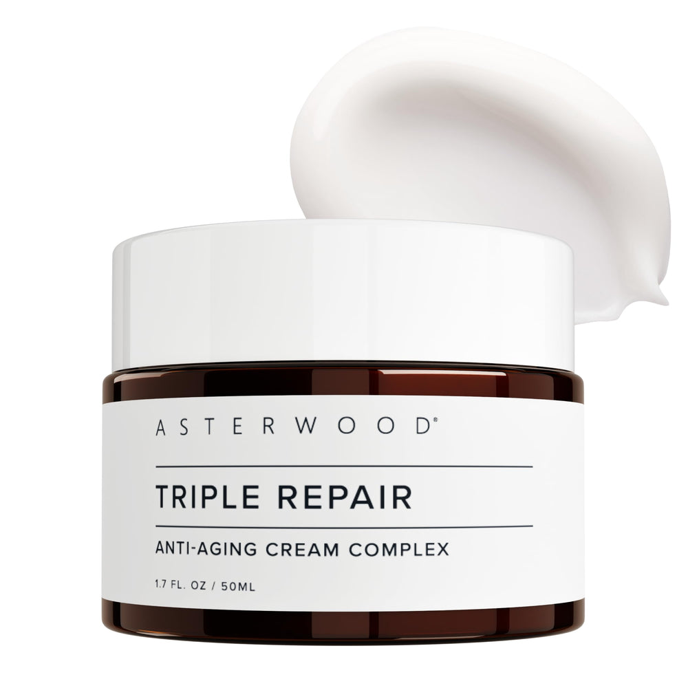 Asterwood triple repair cream tube close-up showcasing rich night cream texture for overnight hydration.