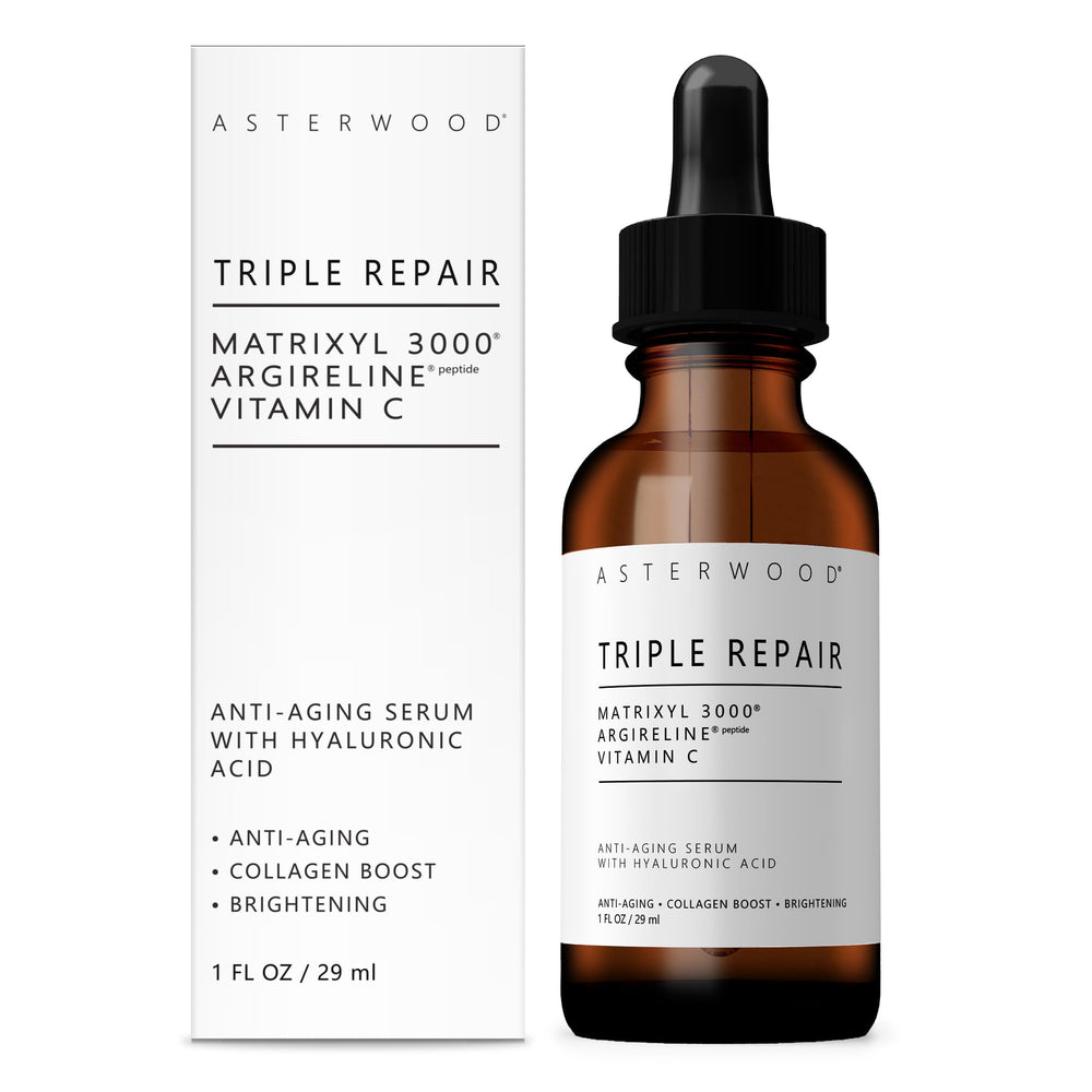 Asterwood Triple Repair Serum bottle closeup highlighting fragrance-free formula for sensitive skin.