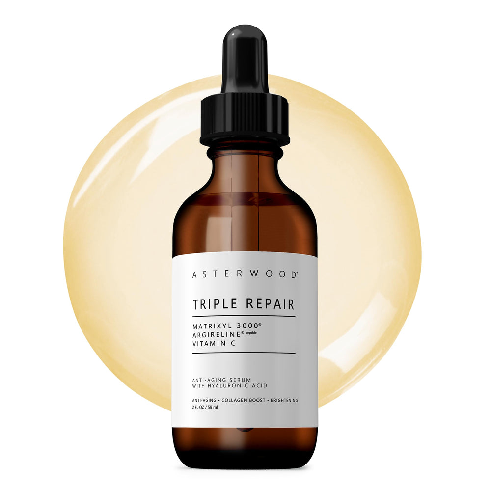 Asterwood Triple Repair Serum bottle shows fragrance-free hydration for all skin types.
