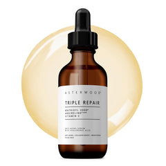 Asterwood Triple Repair Serum bottle shows fragrance-free hydration for all skin types.
