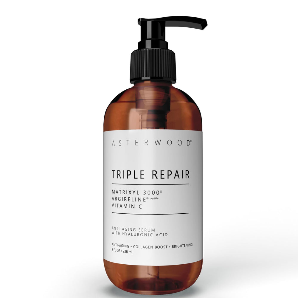 Asterwood Triple Repair serum pump closeup showing easy, mess-free application