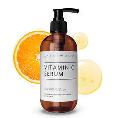 Asterwood Vitamin C Face Serum bottle closeup showing hydrating formula for radiant skin.