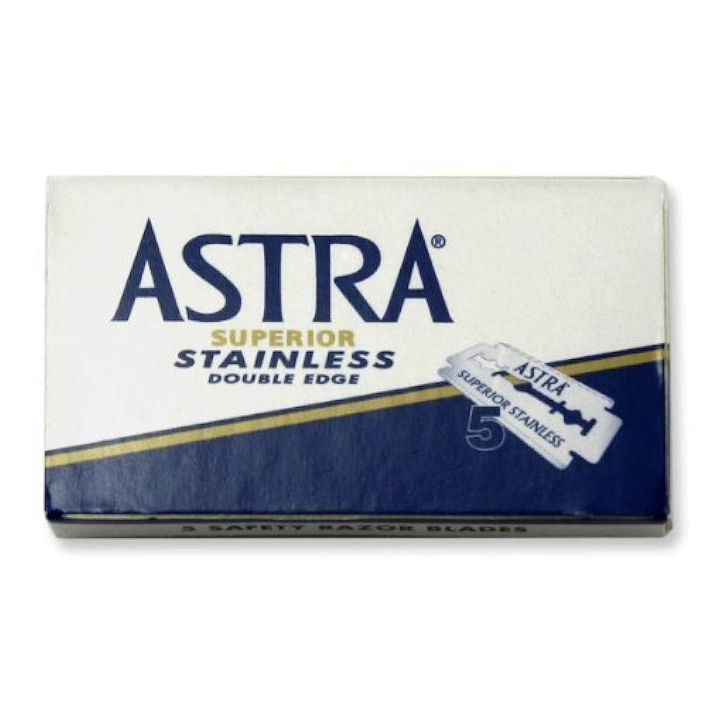 Astra blue double-edge blades on display card, sharp and long-lasting.