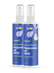 ASUTRA magnesium oil spray bottle ready for quick, non-greasy application.