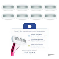 Athena Club blade refills feature hyaluronic serum for hydrating comfort during shaving.