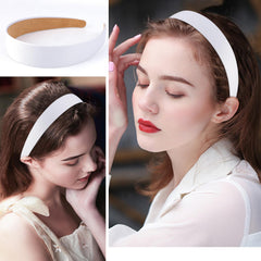 Atoden satin headband white worn demonstrating comfortable all-day fit