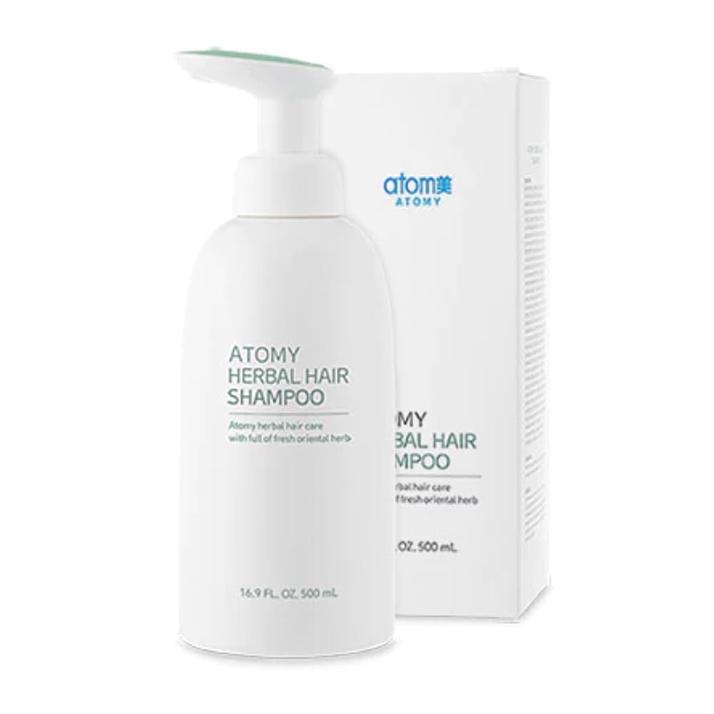 Atomy Herbal Hair Shampoo bottle highlights easy daily use for nourished scalp.