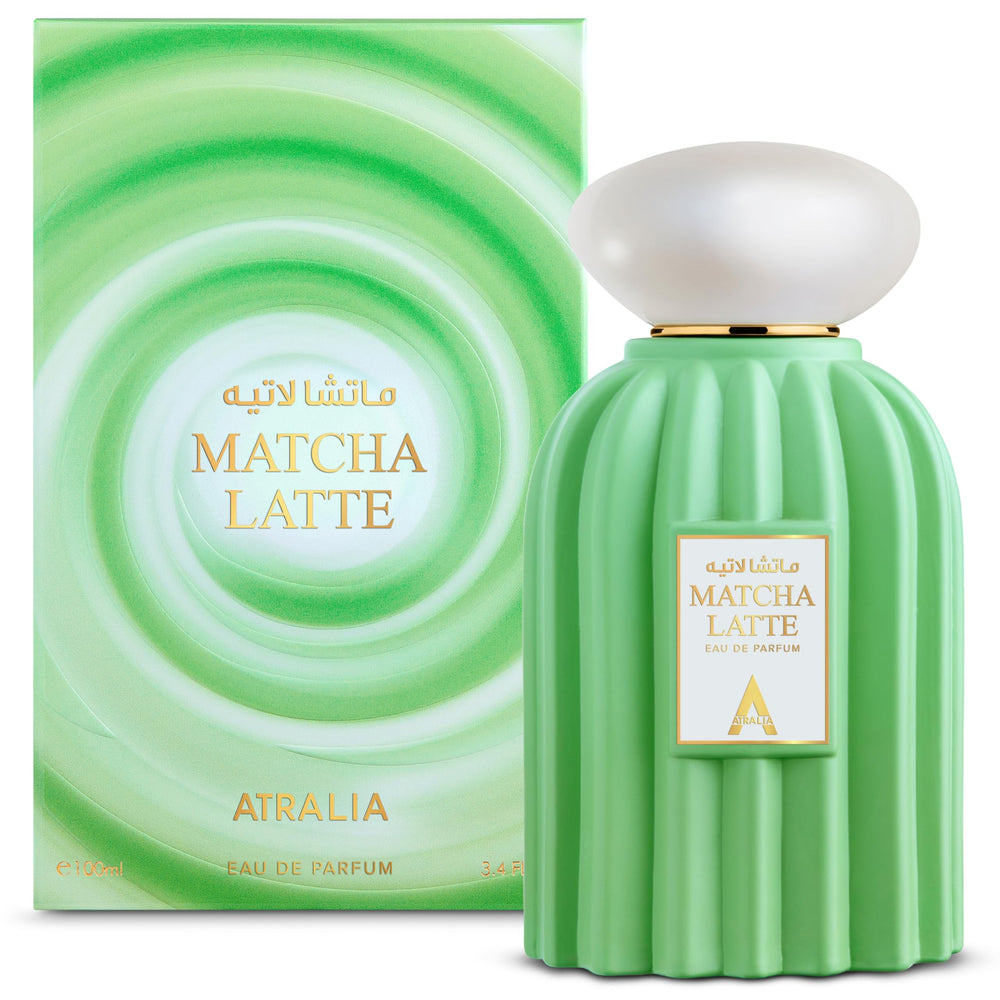 Atralia Matcha Latte bottle closeup highlights a creamy gourmand scent for everyday wear.