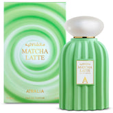 Atralia Matcha Latte bottle closeup highlights a creamy gourmand scent for everyday wear.