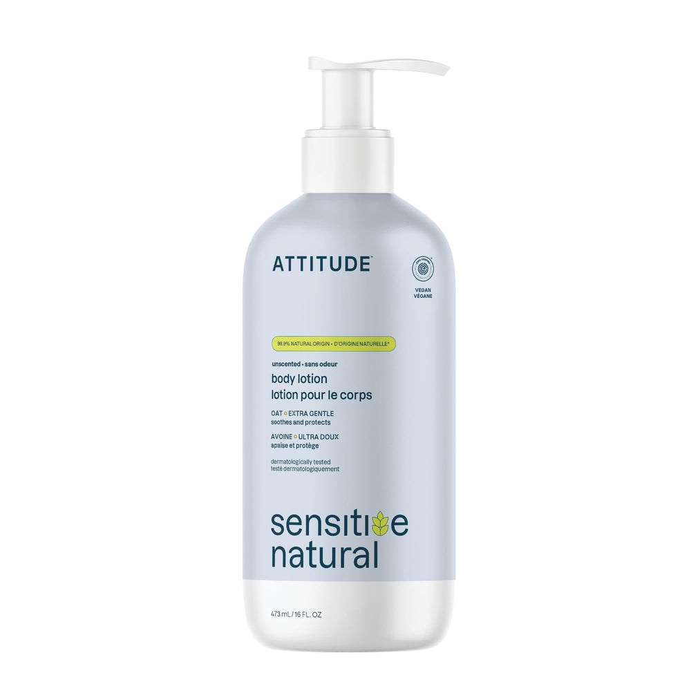 ATTITUDE body lotion unscented bottle delivers gentle hydration for sensitive skin