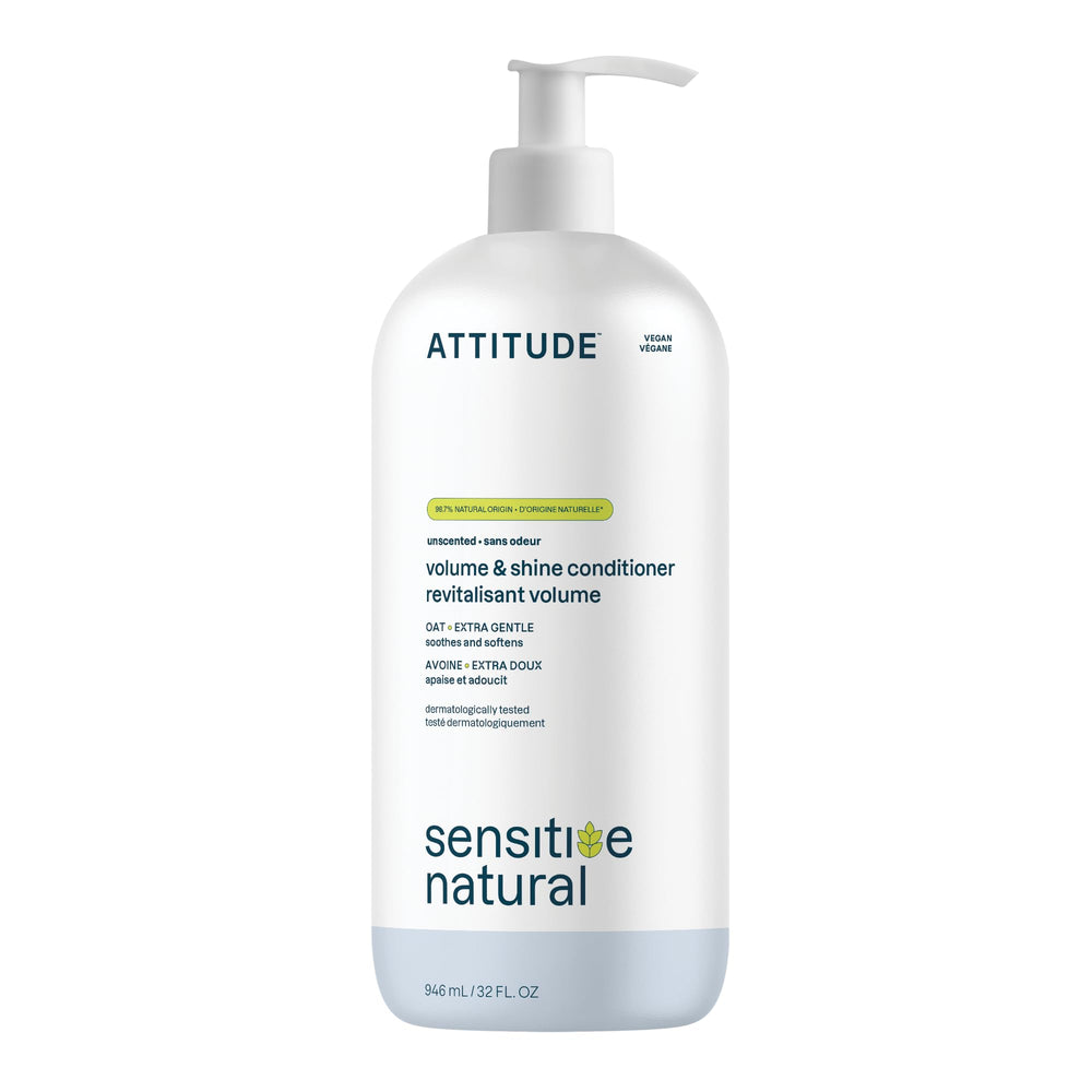 ATTITUDE hair conditioner volume bottle highlights 98% natural formula for light, voluminous hair
