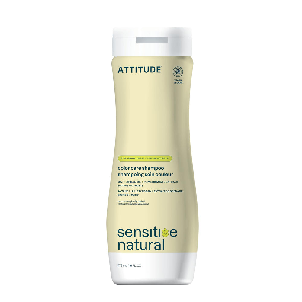 ATTITUDE hair shampoo color-care bottle highlights gentle cleansing for sensitive scalp.