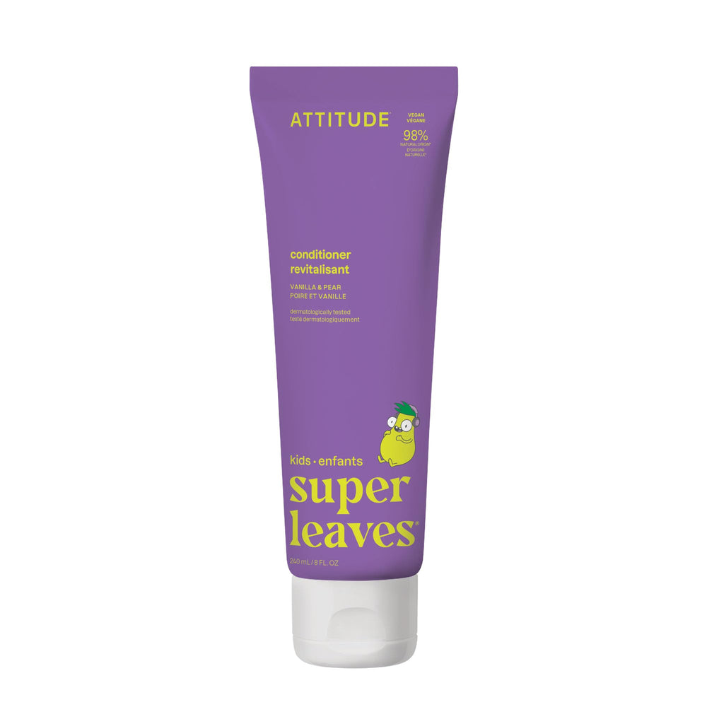 ATTITUDE kids vanilla pear conditioner bottle highlights plant-based formula for daily care.