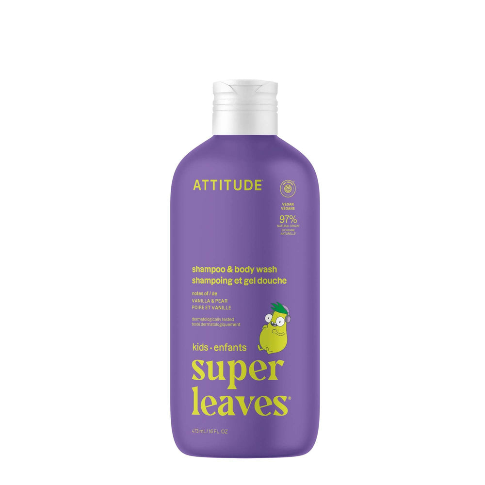 ATTITUDE Kids Vanilla & Pear shampoo bottle with plant-based cleansing for kids