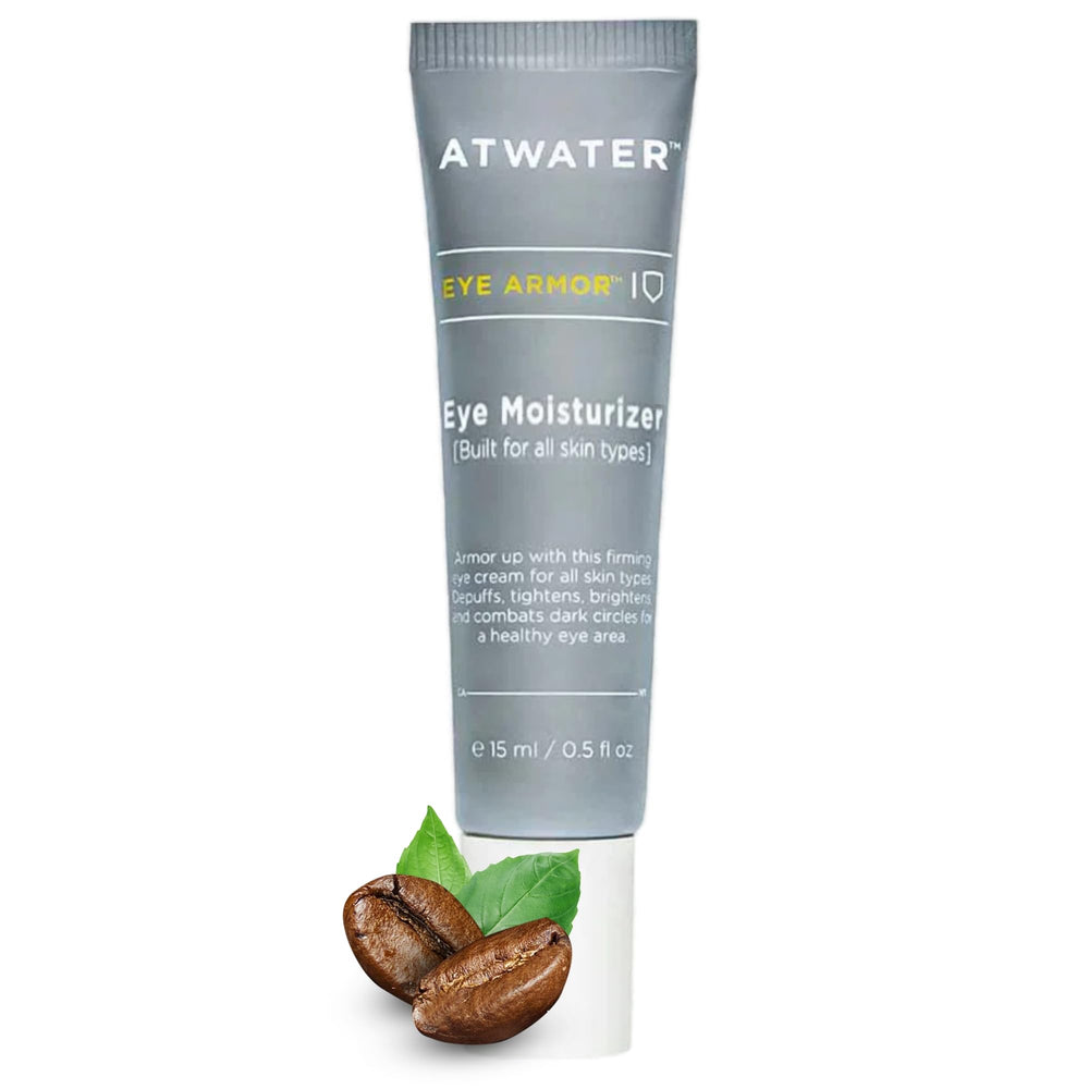 ATWATER men's eye cream packaging shows travel-friendly 0.5 oz size for hydration.