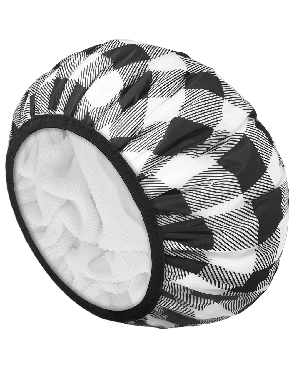 Auban shower cap terry lining keeps hair dry and frizz-free.