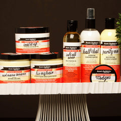 Aunt Jackie's flaxseed-argan-shea butter ingredients for lasting moisture.