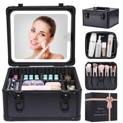 Aupauter makeup box with LED mirror front view for portable elegance and lighting readiness