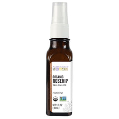 Aura Cacia Organic Rosehip Skin Care Oil bottle promotes facial nourishment.