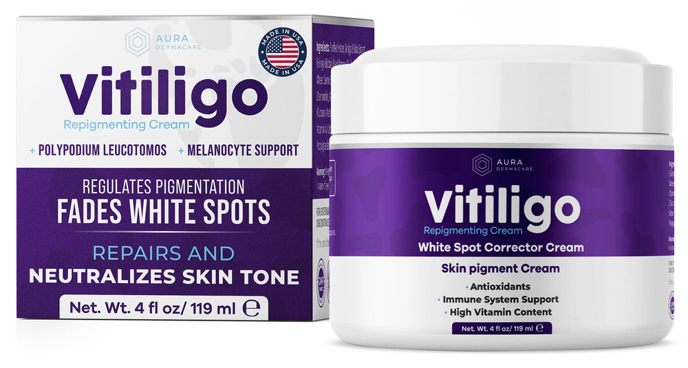 Aura Dermacare Vitiligo Cream 4oz jar shows creamy texture for gentle even skin tone.
