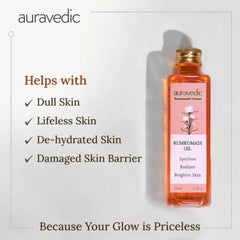 Auravedic Kumkumadi Oil glow closeup reveals saffron radiance and smoother look.