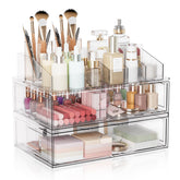 Aurblozen clear stackable makeup organizer drawers provide space-saving storage for cosmetics.