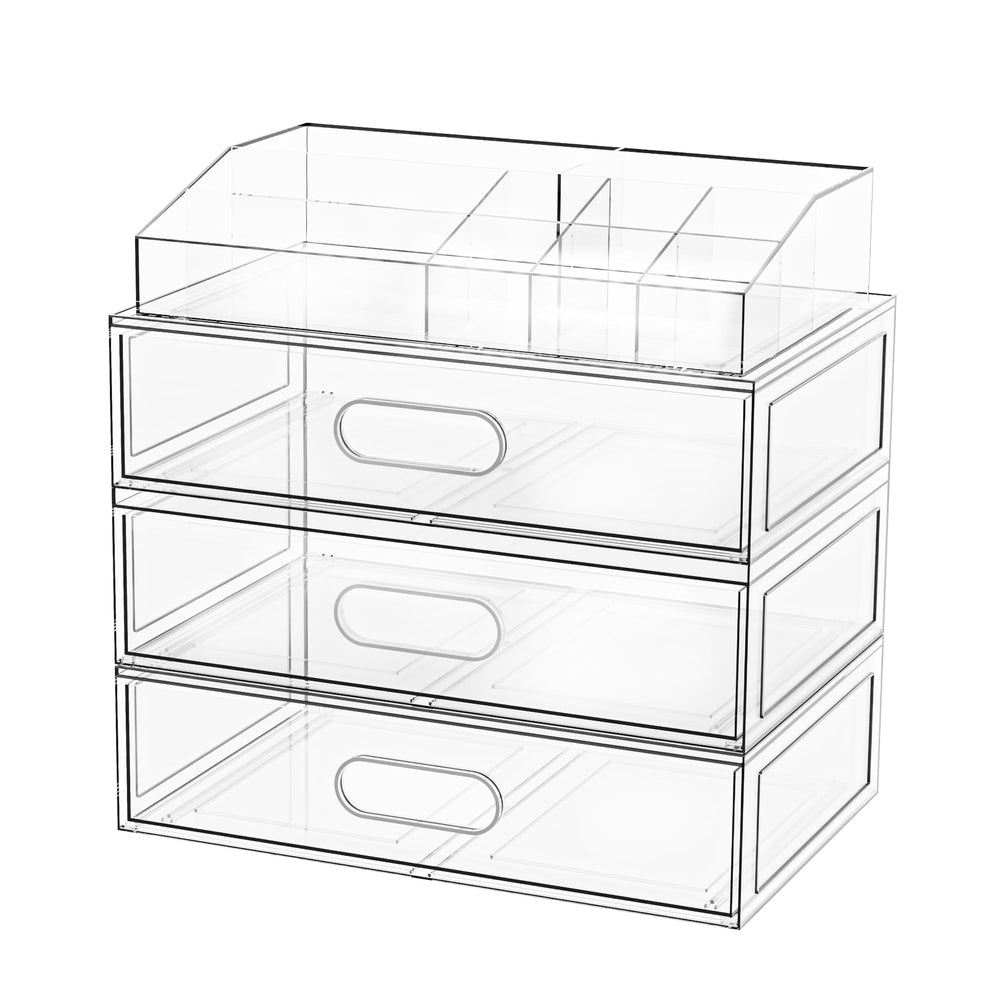 Aurblozen clear stackable makeup organizer with drawers keeps cosmetics visible and accessible.
