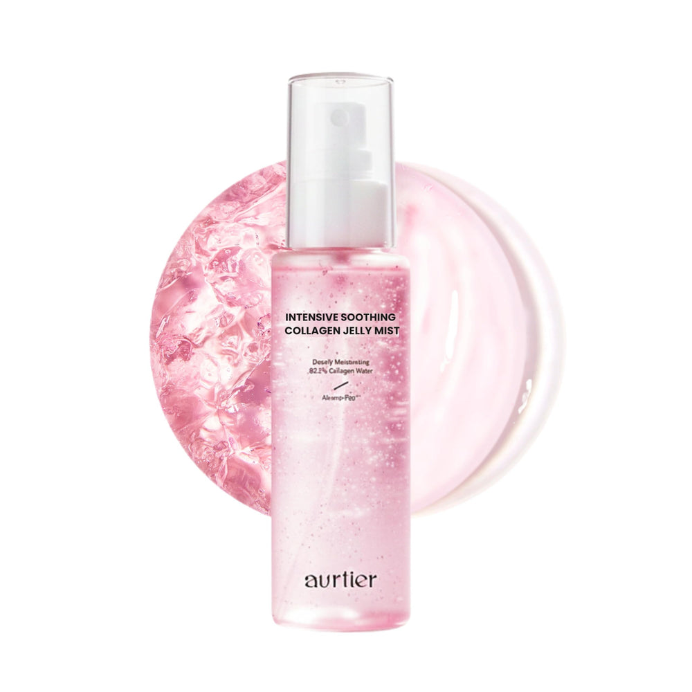 aurtier Intensive Soothing Collagen Jelly Mist bottle closeup highlights hydrating vegan collagen infusion.