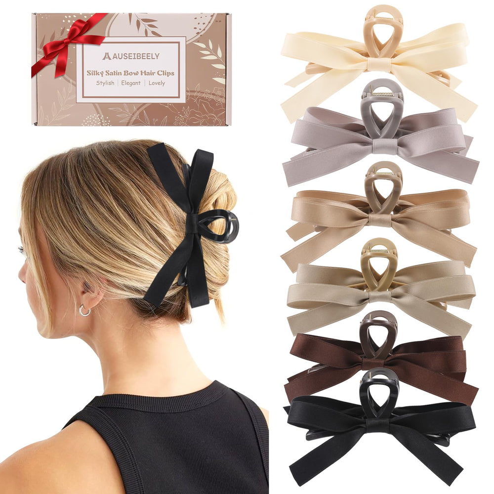 Auseibeely silky satin bow hair clip front view for stylish hold.