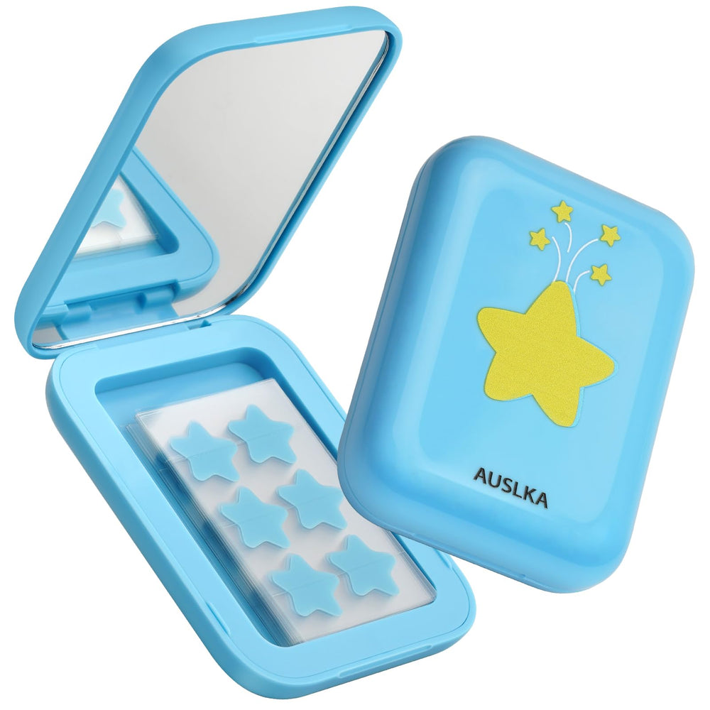 AUSLKA Star Pimple Patches compact mirror with blue gloss for on-the-go touch-ups.
