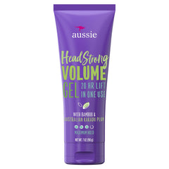 Aussie Headstrong Volume Texturizing Gel bottle-front shows lift and texture.