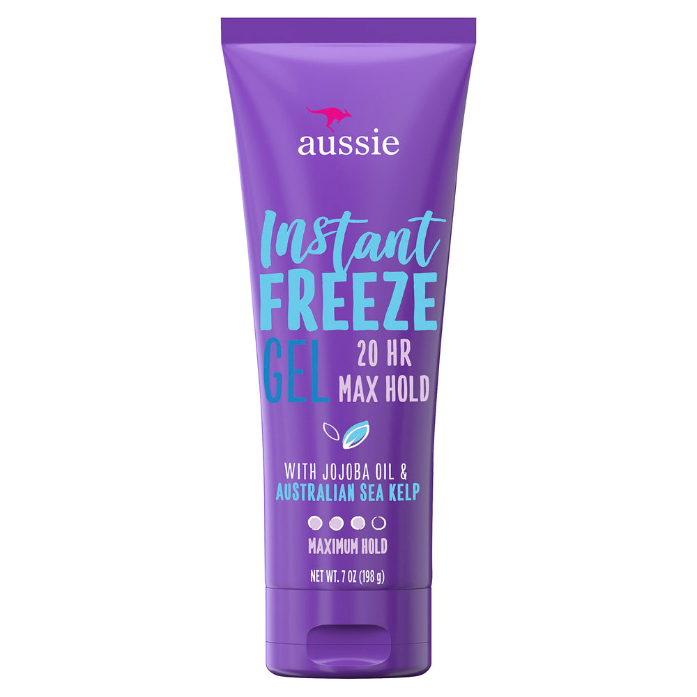 Aussie Instant Freeze gel bottle front view highlights strong hold for defined styles.