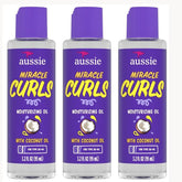 Aussie Miracle Curls oil bottle closeup for hydrated, shiny curls.