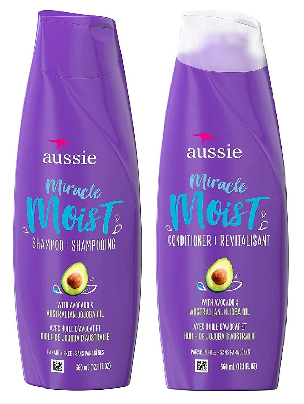 Aussie Miracle Moist shampoo bottle highlights mega-hydration for dry hair.