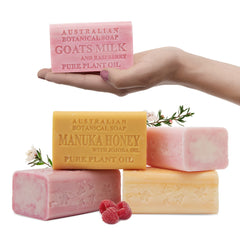 Australian Botanical Goat Milk Soap Raspberry bar delivers a creamy, hydrating cleanse.