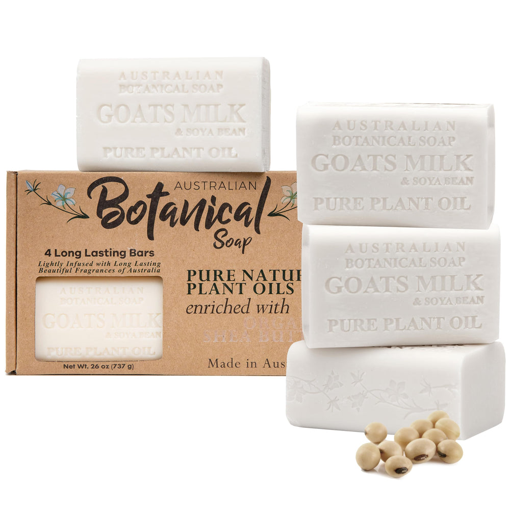 Australian Botanical Soap goat milk bars pack of 4 on display for gentle cleansing.