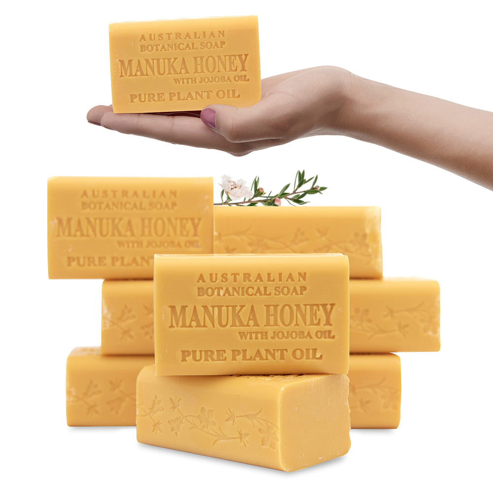 Australian Botanical Soap Manuka Honey bar closeup showing nourishing cleansing with honey