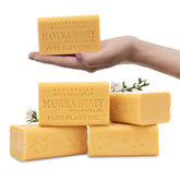 Australian Botanical Soap Manuka Honey Jojoba Bar Closeup shows gentle cleansing with hydrating Manuka honey