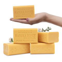 Australian Botanical Soap Manuka Honey Jojoba Bar Closeup shows gentle cleansing with hydrating Manuka honey