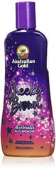Australian Gold Cheeky Brown Accelerator bottle close-up showing bronzer formula for indoor tanning.