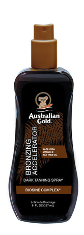 Australian Gold dark tanning accelerator spray gel bottle boosts tan development in sun or bed