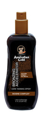 Australian Gold dark tanning accelerator spray gel bottle boosts tan development in sun or bed