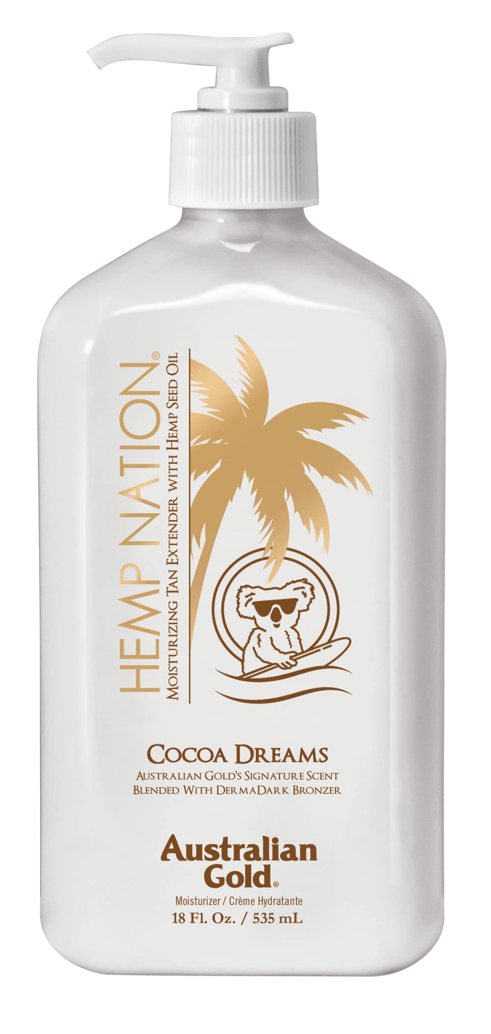 Australian Gold Hemp Nation Cocoa Dreams bottle close-up highlights hydrating tan extender benefits