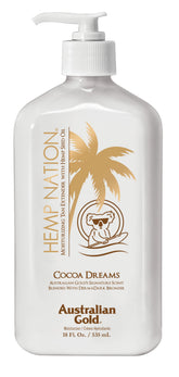 Australian Gold Hemp Nation Cocoa Dreams bottle close-up highlights hydrating tan extender benefits