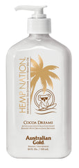 Australian Gold Hemp Nation Cocoa Dreams bottle close-up highlights hydrating tan extender benefits