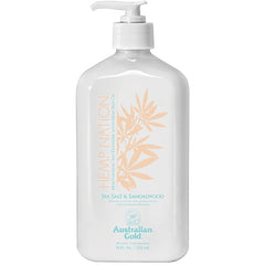 Australian Gold Hemp Nation bottle front shows sea salt and sandalwood scent for tanning routines.