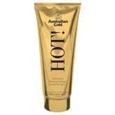 Australian Gold Hot! Tanning Lotion bottle highlighting moisturizing oils for skin comfort and color development