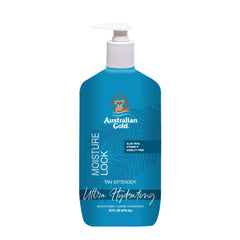 Australian Gold Moisture Lock Tan Extender bottle pour demonstrates hydrating formula to extend your tan.
