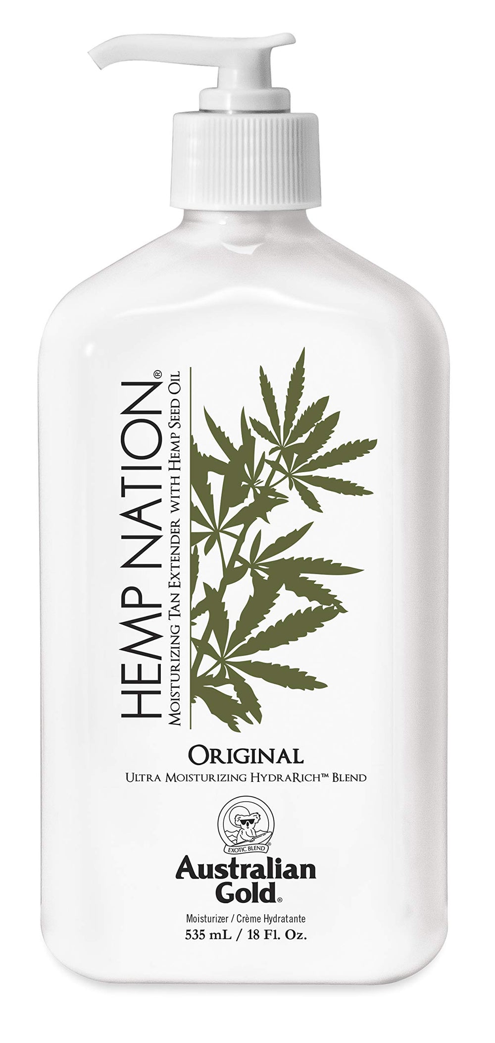Australian Gold Original Hemp Nation Tan Extender lotion bottle promotes hydration and a longer-lasting tan